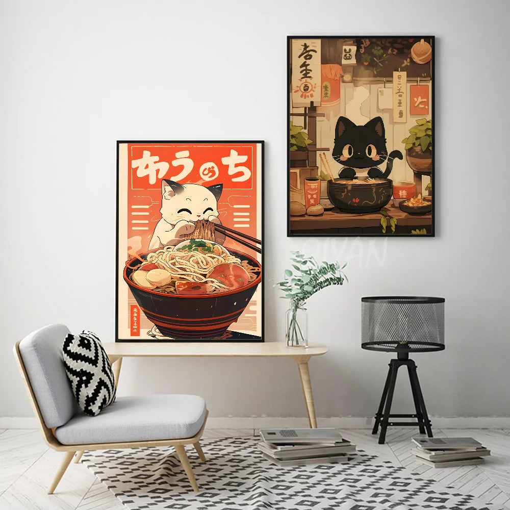 1pc Hot Style Kawaii Japanese Ramen Animal Cat Poster HD Posters Home Room Bar Cafe Decor Art Wall Painting Picture
