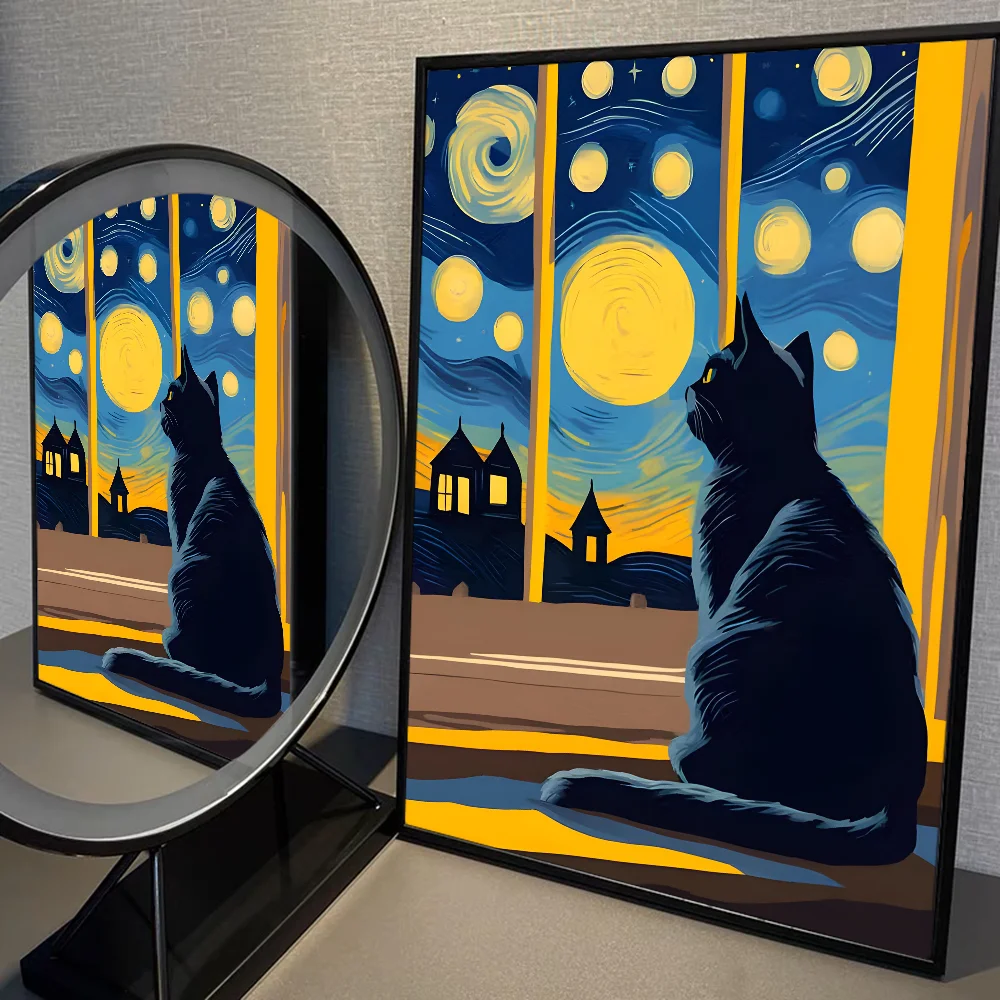 Van Gogh The Starry Night Romantic Black Cat WhitePaper Poster Sticker for Living Room Bar Decorants Aesthetic Art Wall Painting