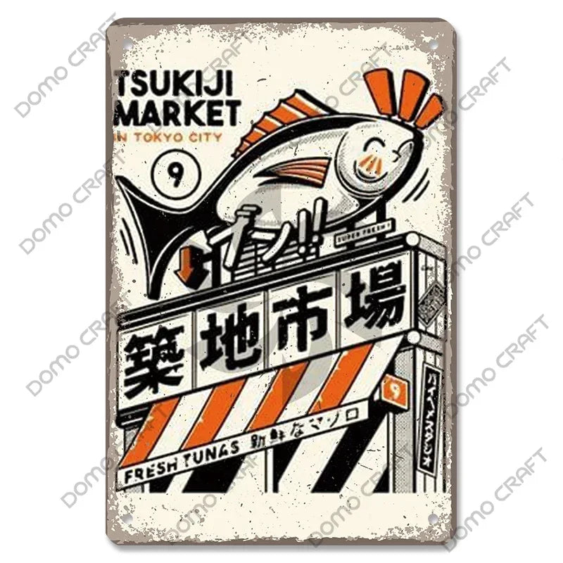 Retro Japanese Cartoon Comics Poster Metal Plate Takoyaki Noodles Fish Metal Sign Dining Room Club Wall Decor