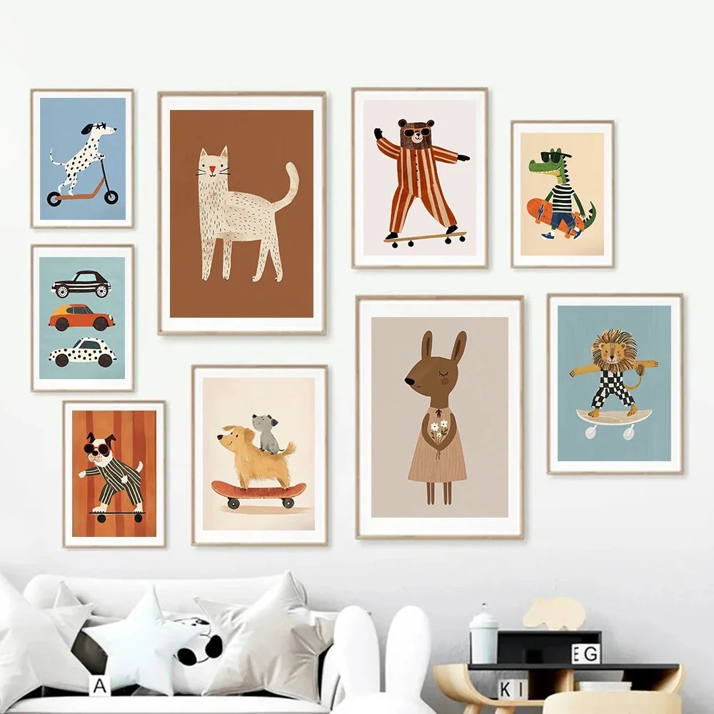 Funny Animals Rabbit Dog Cat Skateboard Posters Prints Wall Art Canvas Neutral Nursery Picture for Baby Kids Room Decor Unframed