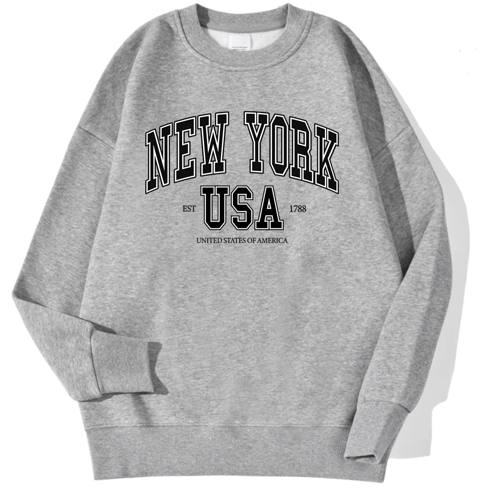 New York Usa Est 1788 Street City Letter Prints Male Sweatshirts Autumn Casual Hoodies Loose Pullovers Crewneck Soft Clothing