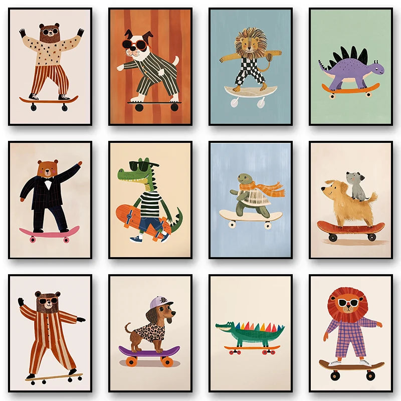 Funny Animals Rabbit Dog Bear Cat Lion Skateboard Posters Prints Crocodile Wall Art Canvas Nursery Pictures for Kids Room Decor