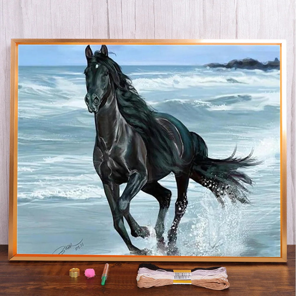 Animal Horse Printed Cross Stitch DIY Embroidery Set DMC Threads Needlework Sewing Handiwork Handicraft Floss Needle Room Decor