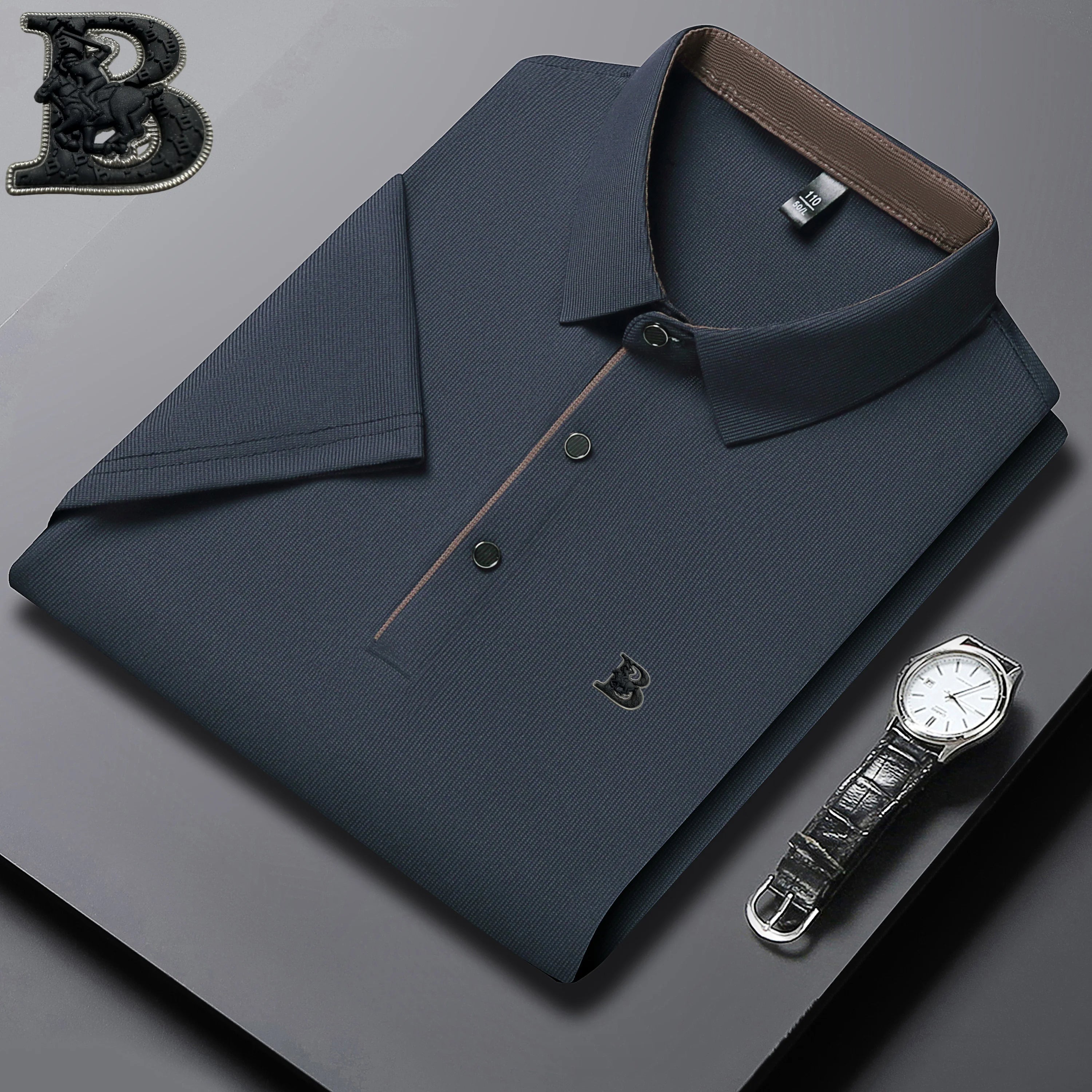 New Summer Men's Elastic Breathable Short Sleeve Designer Luxury Embossed Polo Shirt Fashionable Slimming Business Casual Tshirt