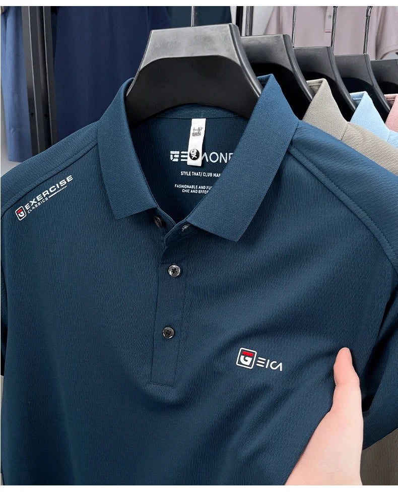 Luxury fashion men's short sleeve polo shirt summer new trend brand symbol embossed silky smooth loose breathable lapel T-shirt