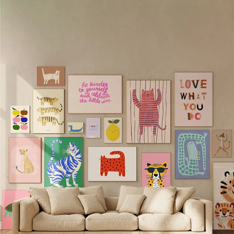 Cute Cartoon Colorful Animal Poster Children's Room Field Nursery Kindergarten Decoration Canvas Home Wall Art