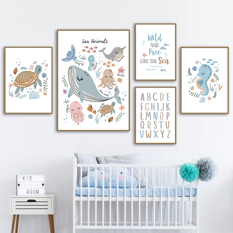 Whale Turtle Seahorse Octopus Nursery Wall Art Canvas Painting Nordic Posters And Prints Wall Pictures For Baby Kids Room Decor