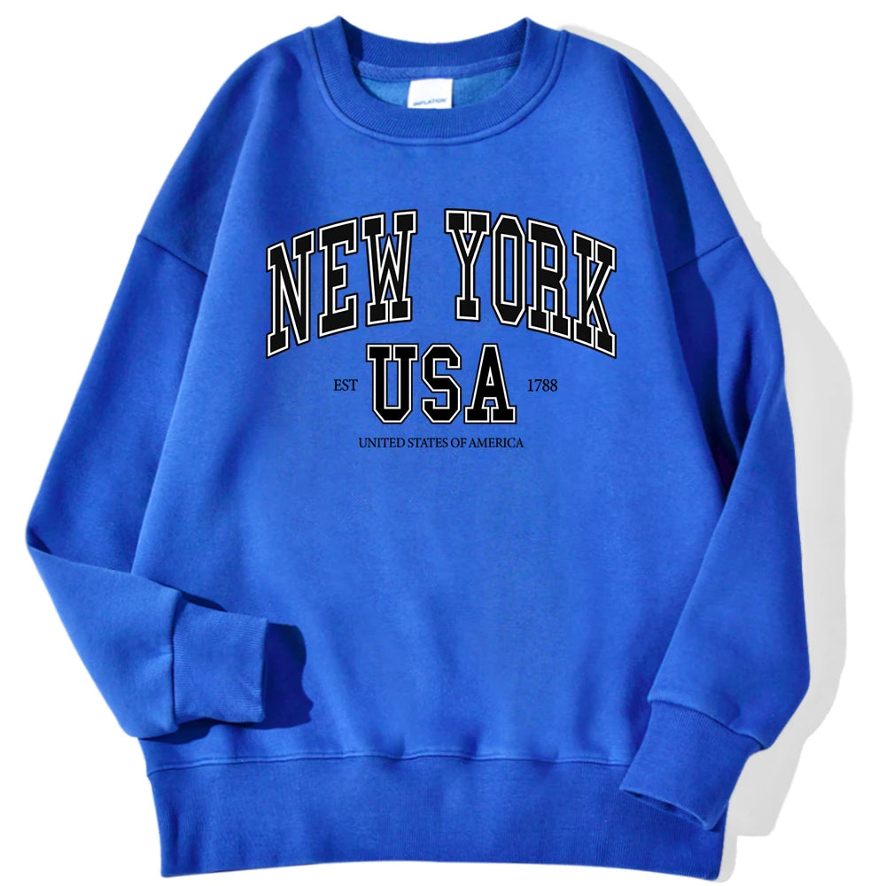 New York Usa Est 1788 Street City Letter Prints Male Sweatshirts Autumn Casual Hoodies Loose Pullovers Crewneck Soft Clothing