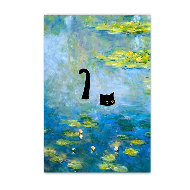 Funny Black Cat Wall Art Van Gogh Starry Night Poster Abstract Famous Reproduction Canvas Painting Aesthetic Room Home Decor