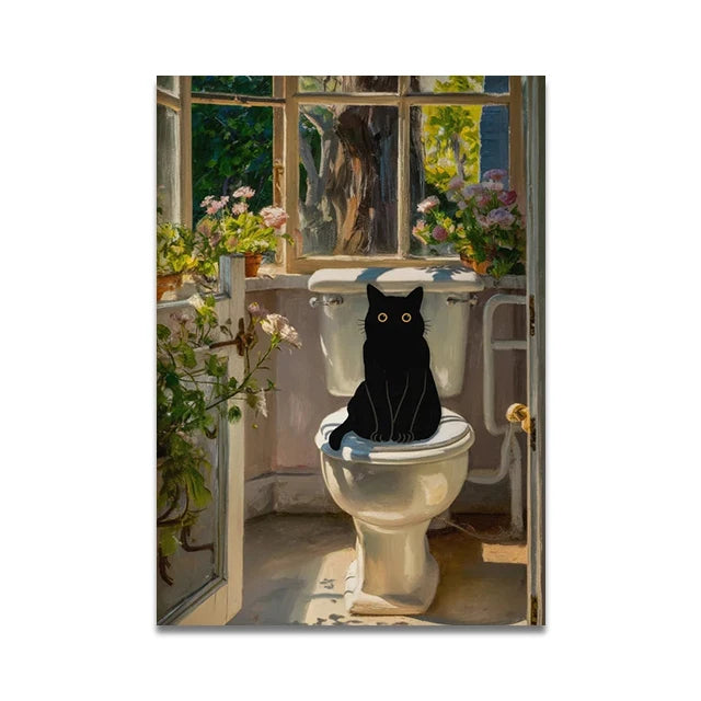 Bathroom Cat Reading on Toilet Canvas Wall Art Print Poster Funny Animal Decor Painting Home Decor Gift Unframed