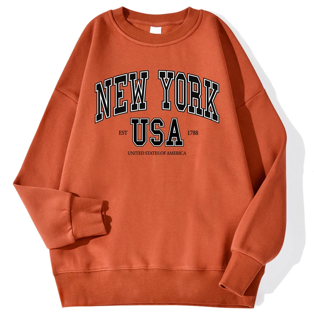 New York Usa Est 1788 Street City Letter Prints Male Sweatshirts Autumn Casual Hoodies Loose Pullovers Crewneck Soft Clothing