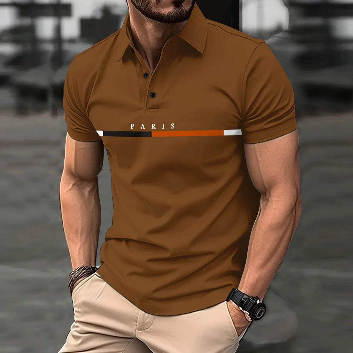 Fashionable men's new summer short-sleeved printed striped French color button lapel POLO shirt sports casual slim shirt