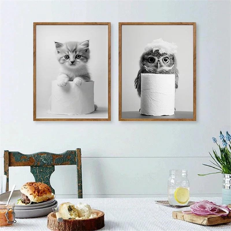 Black And White Cute Animals Canvas Painting Poster Funny Toilet Paper Otter Cat Tiger Wall Art Print Picture for Bathroom Decor