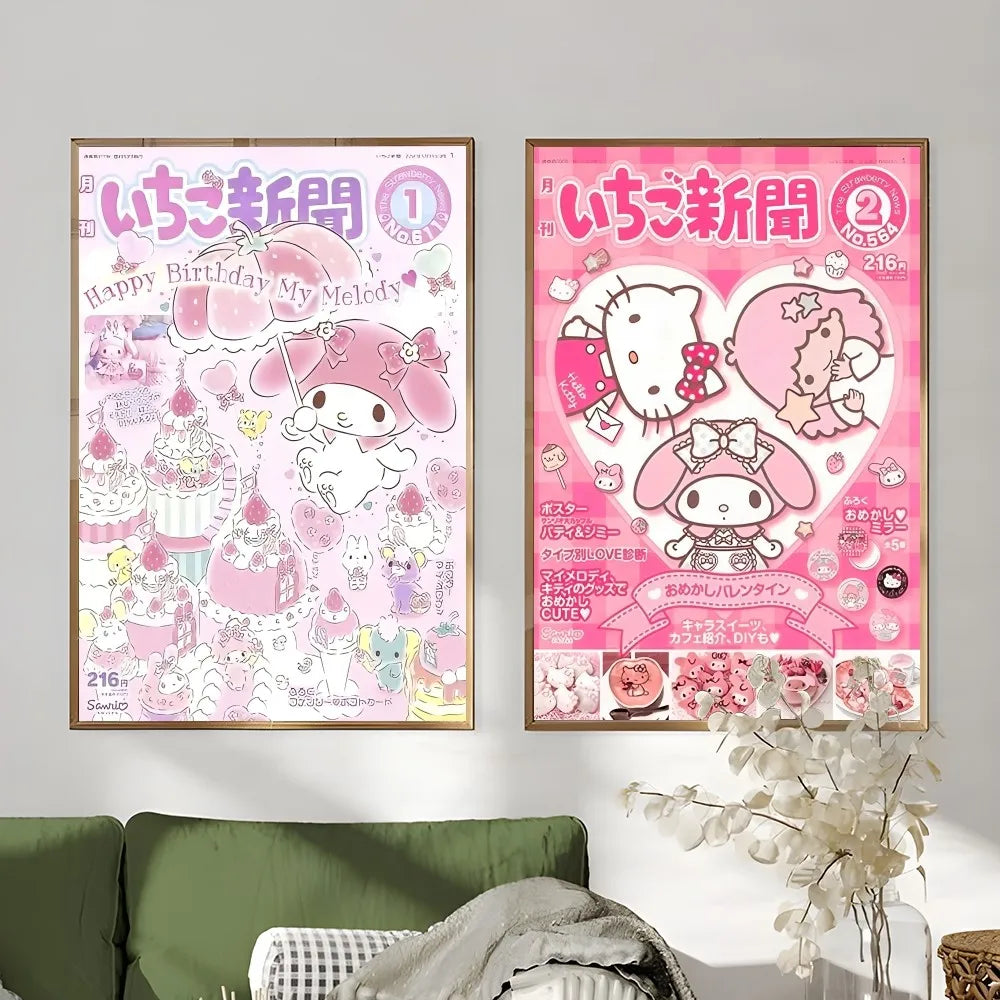 Cute Hallokitty Cinnamoroll Kuromi Poster Sticky Wall Art Printing Waterproof Home Living Bed Room Bar Aesthetic Decor