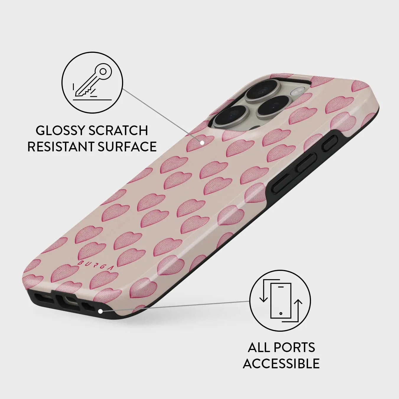 BURGA Pink Love Heart Phone Case for IPhone 16 15 14 13 12 11 Pro Max Plus Luxury Double-layer Back Cover