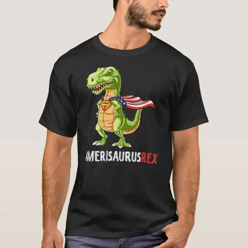 Dinosaur 4th of July Amerisaurus T Rex T-Shirt 100% Cotton O-Neck Summer Short Sleeve Casual Mens T-shirt Size S-3XL