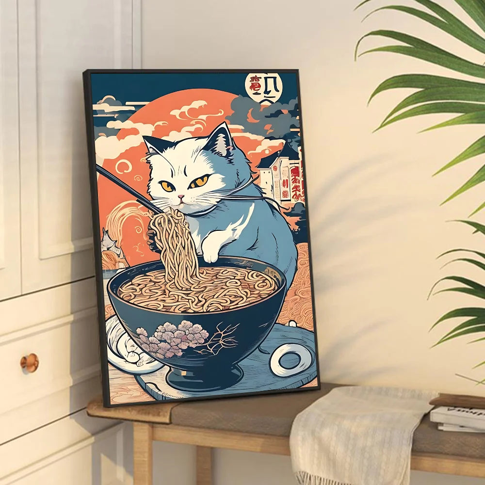 Hot Style Ramen Animal Cat Anime Posters Sticky Whitepaper Sticker DIY Room Bar Cafe Kawaii Room Decor