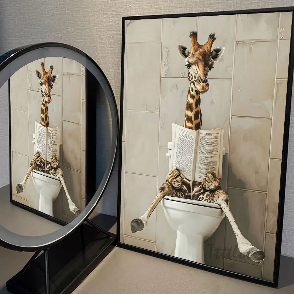 Funny Bathroom Humorous Animal Poster Self-adhesive Art Waterproof Paper Sticker Coffee House Bar Room Wall Decor
