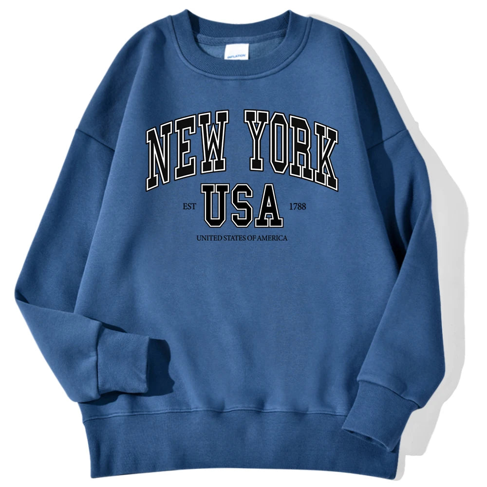 New York Usa Est 1788 Street City Letter Prints Male Sweatshirts Autumn Casual Hoodies Loose Pullovers Crewneck Soft Clothing