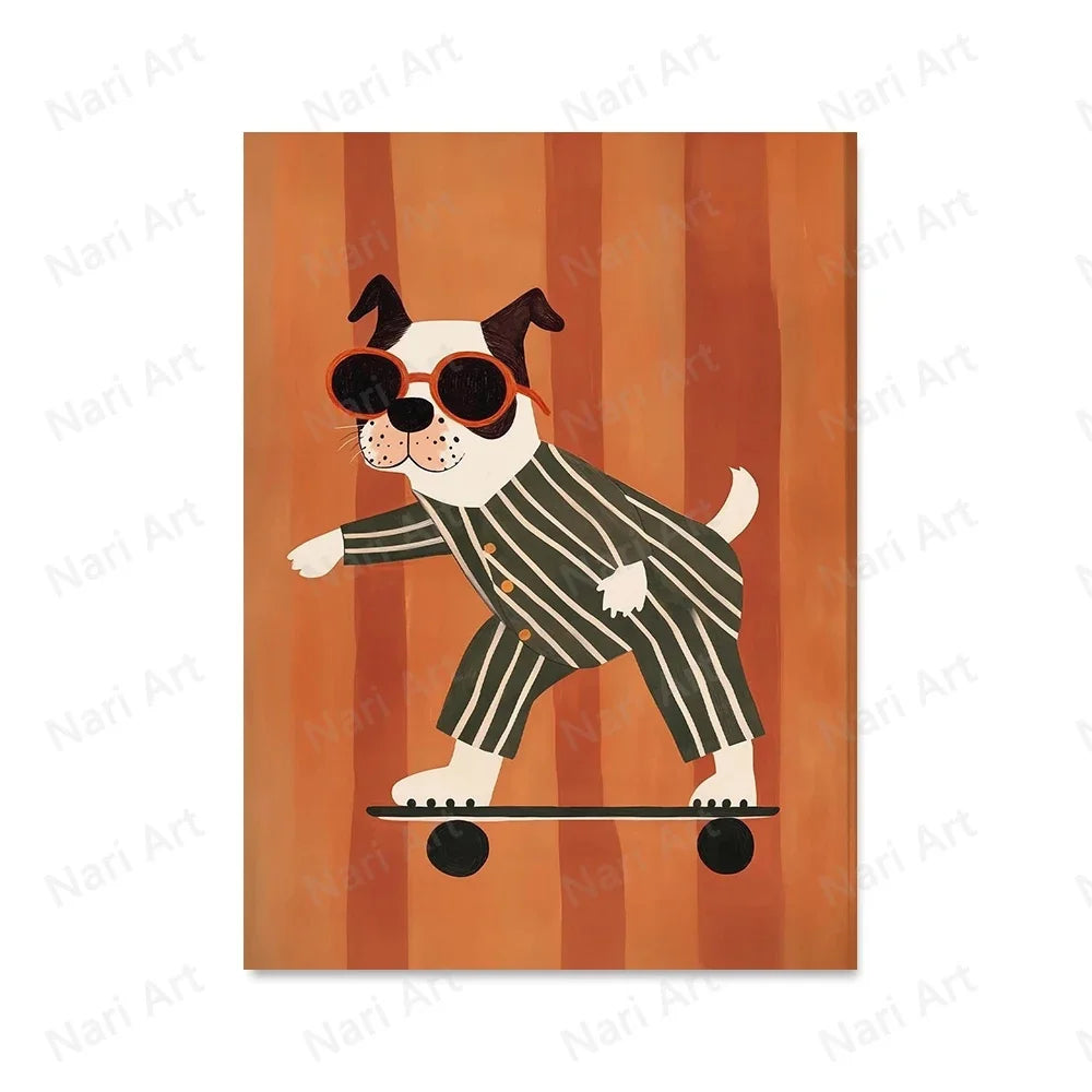 Funny Animals Rabbit Dog Cat Skateboard Posters Prints Wall Art Canvas Neutral Nursery Picture for Baby Kids Room Decor Unframed