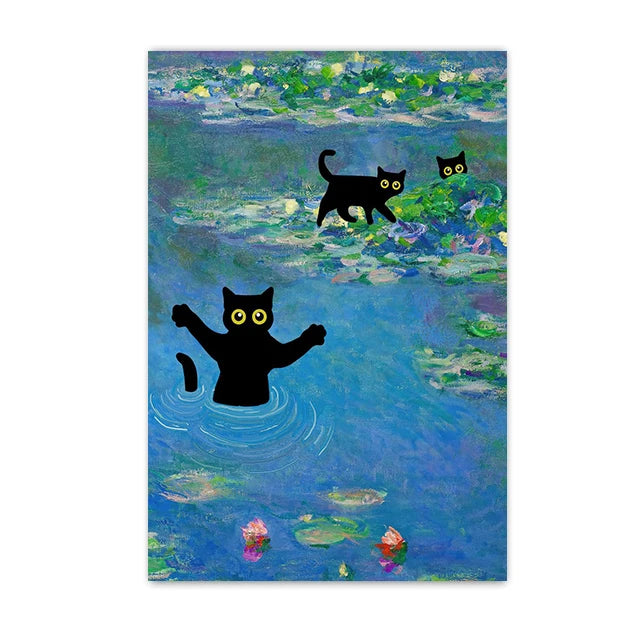 Funny Black Cat Wall Art Van Gogh Starry Night Poster Abstract Famous Reproduction Canvas Painting Aesthetic Room Home Decor