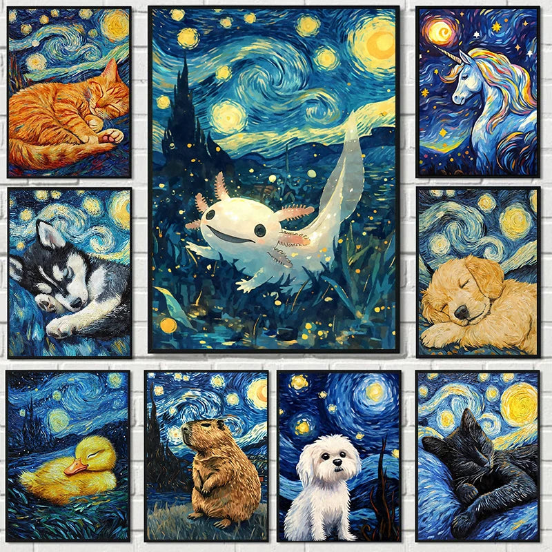 Starry Night Cute Animals Poster Cat Dog Axolotl Platypus Canvas Painting Abstract Wall Art Exhibition Living Room Home Decor