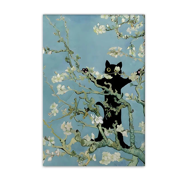 Funny Black Cat Wall Art Van Gogh Starry Night Poster Abstract Famous Reproduction Canvas Painting Aesthetic Room Home Decor