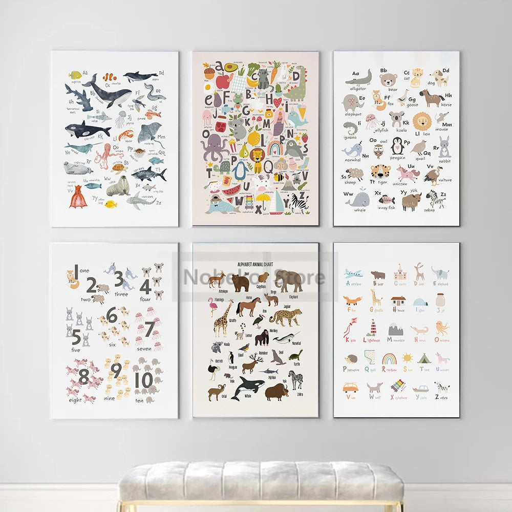 Animal Alphabet Educational Posters Watercolor Animals Prints Canvas Wall Art Pictures Neutral Nursery and Playroom Decoration
