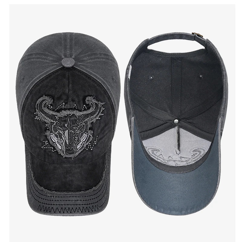 New Fashion Unisex Bull Head Pattern Embroidered Patch Brushed Distressed Style Two Color Cotton Adjustable Baseball Cap