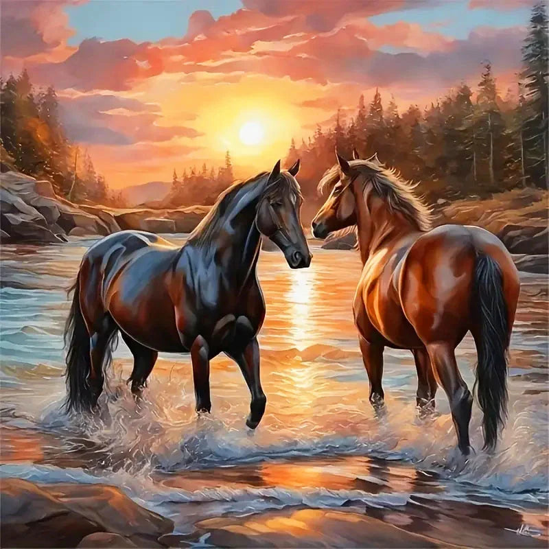 HUACAN Full Diamond Painting Animal Horse New Arrivals Diamond Mosaic Sunset Embroidery Beach Wall Decor Craft Kit