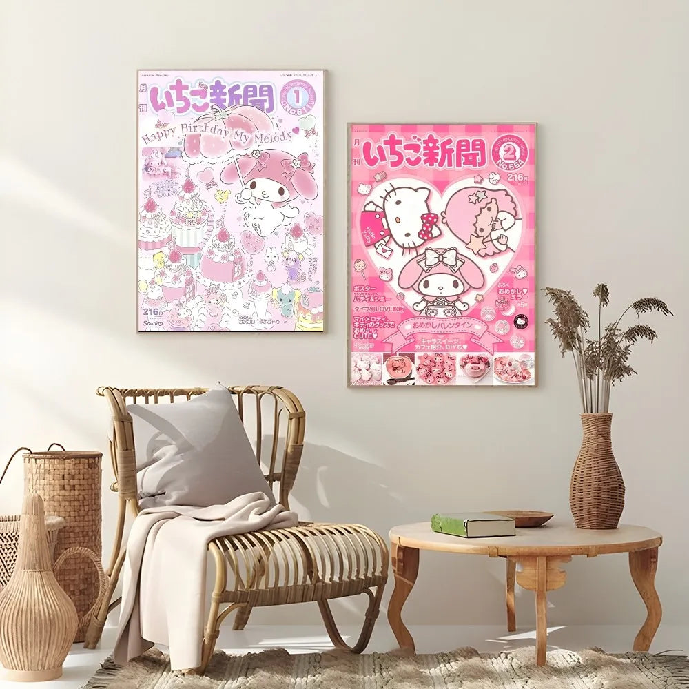 Cute Hallokitty Cinnamoroll Kuromi Poster Sticky Wall Art Printing Waterproof Home Living Bed Room Bar Aesthetic Decor
