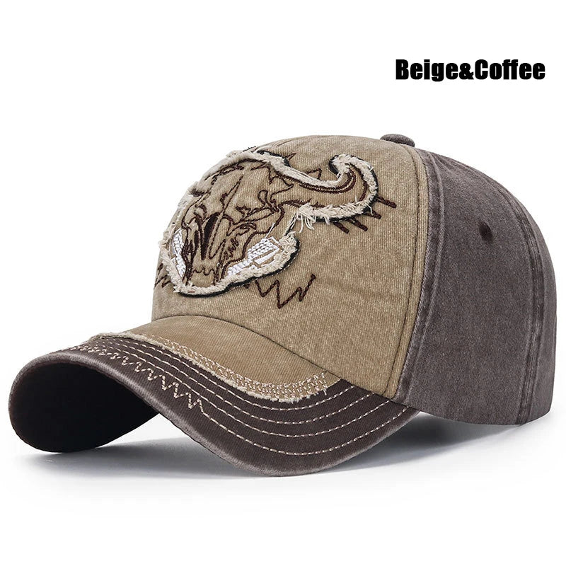 New Fashion Unisex Bull Head Pattern Embroidered Patch Brushed Distressed Style Two Color Cotton Adjustable Baseball Cap