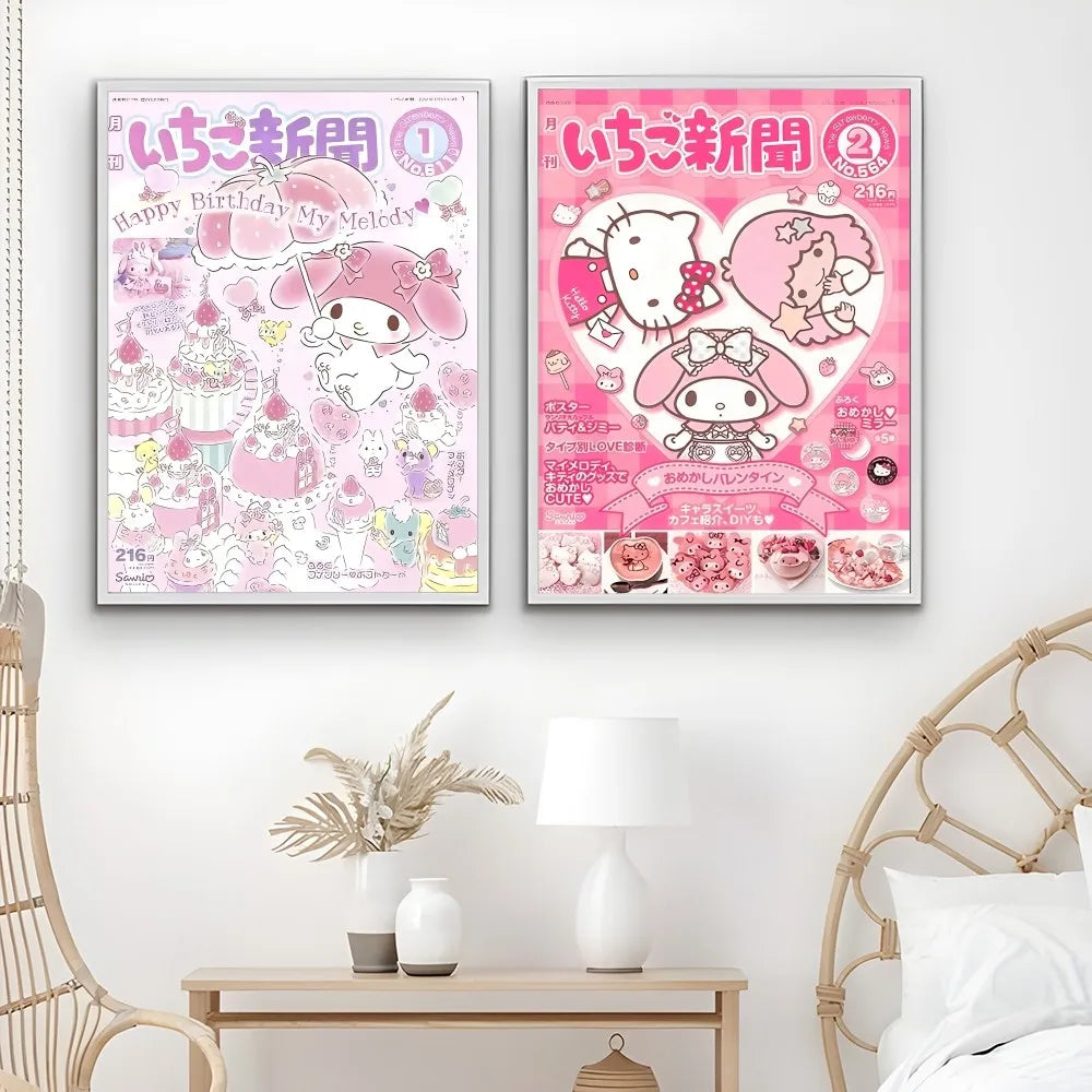 Cute Hallokitty Cinnamoroll Kuromi Poster Sticky Wall Art Printing Waterproof Home Living Bed Room Bar Aesthetic Decor
