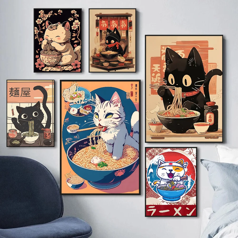 Hot Style Ramen Animal Cat Anime Posters Sticky Whitepaper Sticker DIY Room Bar Cafe Kawaii Room Decor