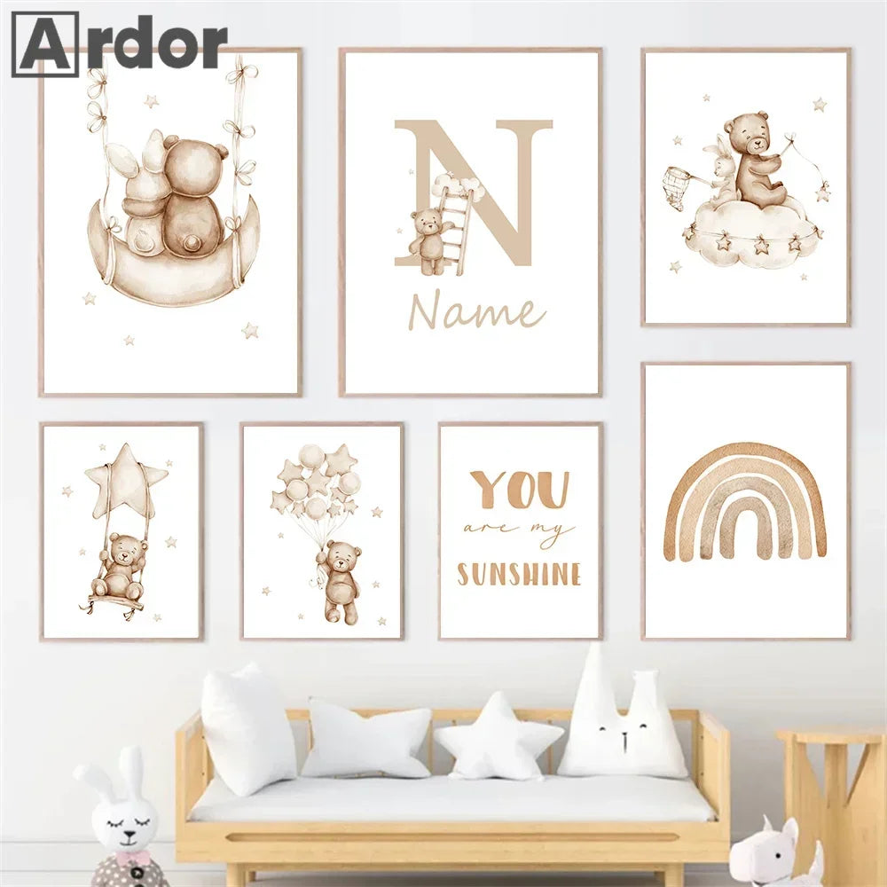 Custom Name Nursery Poster Bear Hot Air Balloon Wall Art Prints Boho Rainbow Sun Canvas Painting Pictures Baby Kids Room Dear