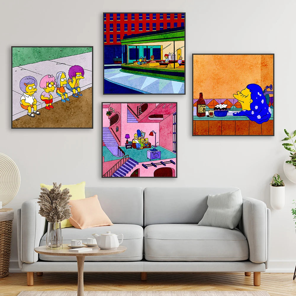 The Simpsons Poster Disney Watercolor Illustration Print Wall Art Prints Cartoon Family Love Canvas Painting Kids Bedroom Decor