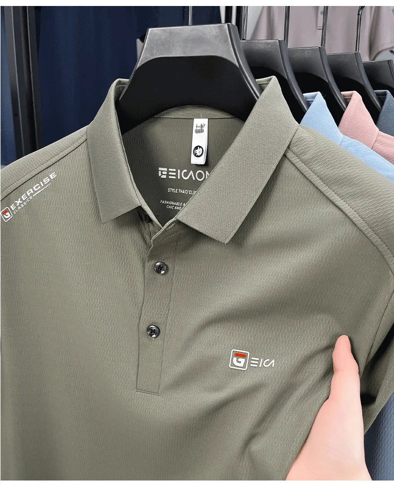Luxury fashion men's short sleeve polo shirt summer new trend brand symbol embossed silky smooth loose breathable lapel T-shirt