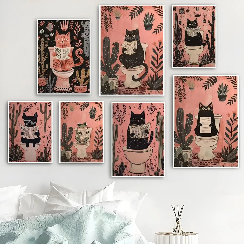 Funny Black Cat Dog Frog Animals on The Toilet Reading Poster Bath Prints Painting Wall Art Pictures for Restroom Toilet Decor