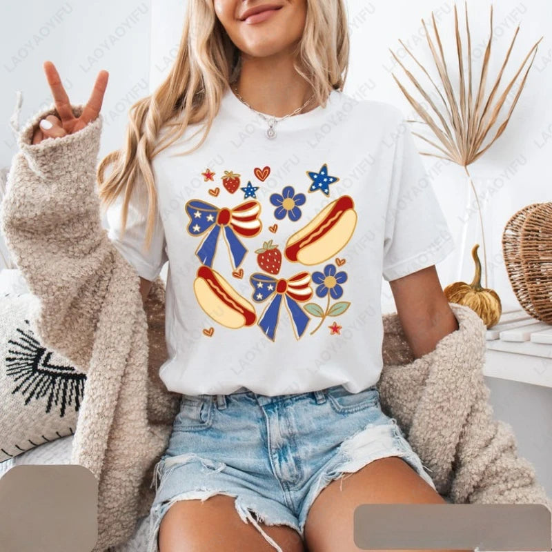 Patriotic Hot Dog 4th of July Tshirt Funny Independence Clothes Day Bow Strawberry Flower Star Pattern Tee Women Wen Cotton Tops