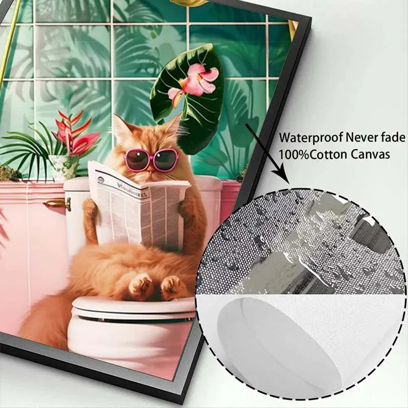 Funny Cat on Toilet Wall Art Cat Reading Newspaper Canvas Posters Print Picture for Home Bathroom Living Room Decor No Frame