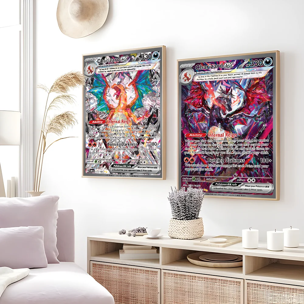 Japanese Anime Rare Charizard Cartoon Card Poster Sticky Wall Art Printing Waterproof Home Living Bed Room Bar Aesthetic Decor