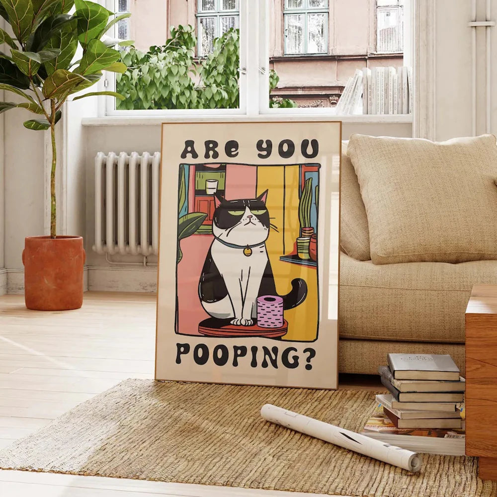 Are You Pooping Canvas Wall Art Print Poster Funny Bathroom Cat Toilet Decor Painting Home Decor Gift Unframed