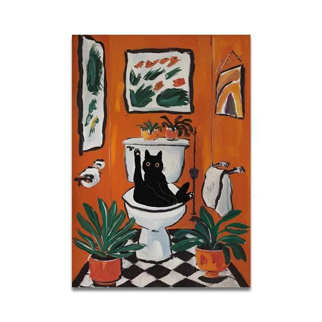 Bathroom Cat Reading on Toilet Canvas Wall Art Print Poster Funny Animal Decor Painting Home Decor Gift Unframed