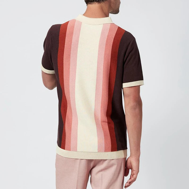 Vintage Patchwork Buttoned Lapel Mens Polo Shirts Knitting Short Sleeve Slim Fit Pullovers Men Summer Casual Knitted Polo Shirt