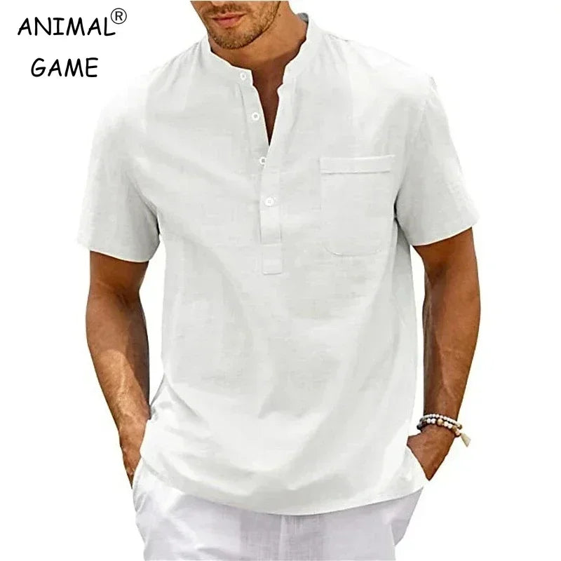 Summer Men's Short Sleeve Cotton Polo Shirts Solid Color Stand Loose Pullover Shirts Thin Soft Breathable Button T-shirt Top