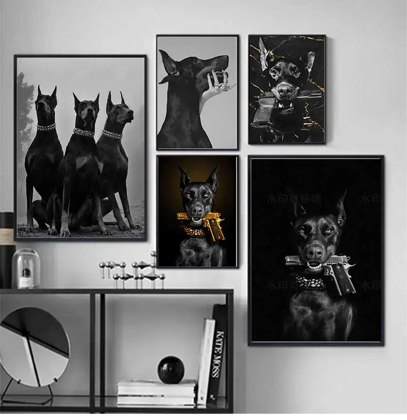 Modern Fashion Black Doberman Dog with Golden Pistol Poster Canvas Painting Luxury Animal Wall Art Picture for Living Room Decor