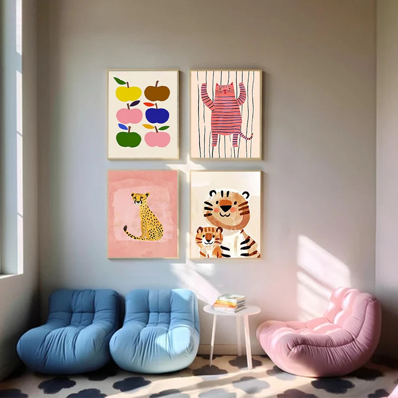 Cute Cartoon Colorful Animal Poster Children's Room Field Nursery Kindergarten Decoration Canvas Home Wall Art