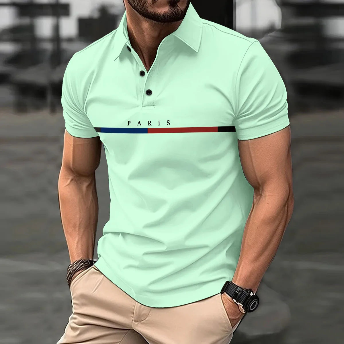 Fashionable men's new summer short-sleeved printed striped French color button lapel POLO shirt sports casual slim shirt