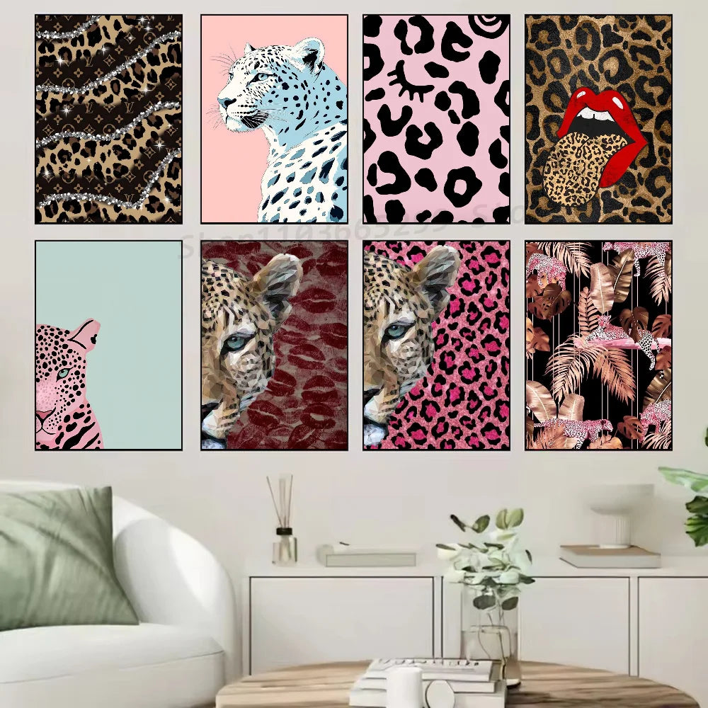 Wild Leopard Tiger Vase Flower Rainbow Girl Poster Self-adhesive Art Waterproof Paper Sticker Wall Decor
