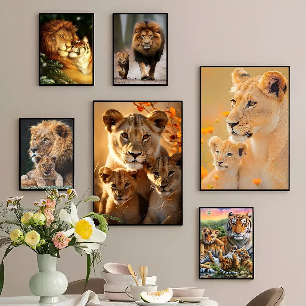 Wild Lion Tiger and Cub Classic Movie Posters Vintage Room Bar Cafe Decor Stickers Wall Painting